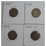 Lot of 4 Indian cents, 1859, 1862, 1863,