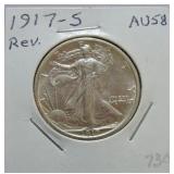 1917-S Walking Liberty half, rev, AU58