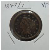 1847/7 Large cent, VF