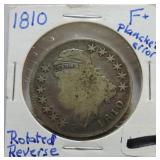 1810 Bust half F, planchet error, rotated reverse