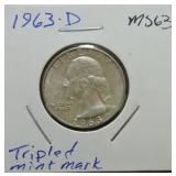 1963-D Washington quarter MS63, tripled