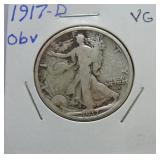 1917-D Walking Liberty half, obv, VG