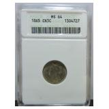 1865 Three cent nickel ANACS MS64