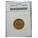 1909-D $5 Indian gold piece ANACS AU58