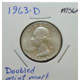 1963-D Washington quarter MS64, doubled