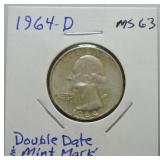 1964-D Washington quarter MS63, doubled