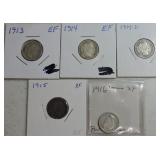 Lot of 5 Barber dimes: 1913, 1914, 1914-D,