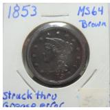 1853 Large cent, MS64 brown, struck through