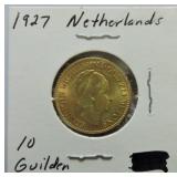 1927 Netherlands 10 Guilden gold