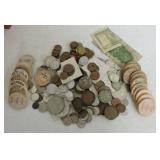 Lot of foreign coin and currency, wooden