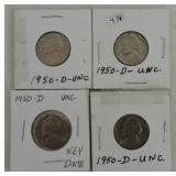 Lot of 4 1950-D Jefferson nickels, BU