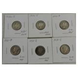 Lot of 6 Mercury dimes: 2 - 1926-S, 2 - 1931-D,