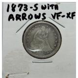 1873-S Liberty Seated quarter VF/XF