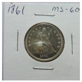 1861 Liberty Seated quarter MS60