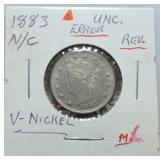 1883 Liberty nickel, N/C, error double letters