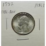 1932 Washington quarter MS63, double reverse