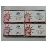 Lot of 4 silver proof sets, 1999, 2001, 2002, 2003
