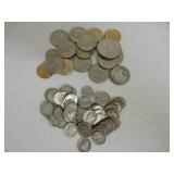 US coin lot: 84 silver dimes, Buffalo nickel,