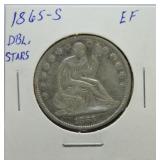1865-S Liberty seated half EF, double stars