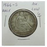 1866-S Liberty seated half AU, low 6