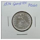 1876 Liberty seated quarter MS60