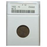 1922 no D  Lincoln cent ANACS F12