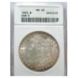 1892 Morgan dollar ANACS MS63 VAM 5