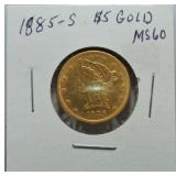 1885-S $5 Coronet head gold half eagle MS60