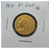 1910 $5 Indian head gold half eagle AU