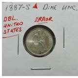 1887-S Liberty seated dime unc, error - double