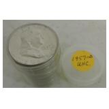 Roll of 1957-D Franklin halves, unc