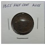 1855 half cent AU55