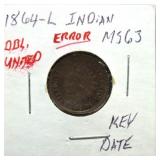 1964-L Indian cent MS63 error double united