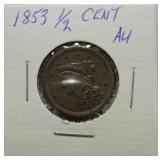 1853 half cent AU