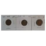Lot of 3 Lincoln cents: 1909VDB XF, 1910-S VF,