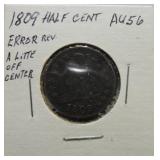 1809 half cent AU56 error reverse off center