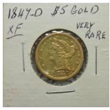 RARE 1847-D $5 Coronet head gold half eagle XF