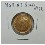 1889 $3 Indian head gold MS62
