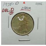 1935-D Washington quarter unc, error, double 