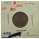 1904 Indian cent unc, error double ONE CENT