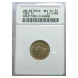 1859 Indian cent ANACS AU50 details,