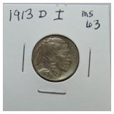 1913-D Ty 1 Buffalo nickel MS63