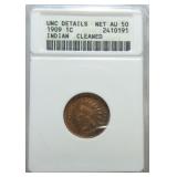 1909 Indian cent ANACS Net AU50 cleaned