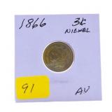 1866 3 cent nickel AU