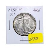 1938D Walking Liberty half dollar AU55