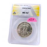 1945D walking Liberty half dollar ANACS MS62