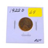 1922D Lincoln wheat cent AU+