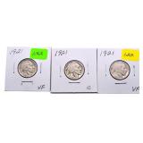 3 - 1921  Buffalo nickels VF, G, VF