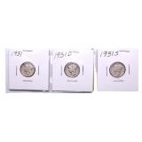1931, 1931D, 1931S Mercury dimes VF+