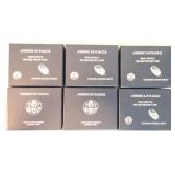 Lot of 6 silver eagle proofs, 2008-W, 2010-W,